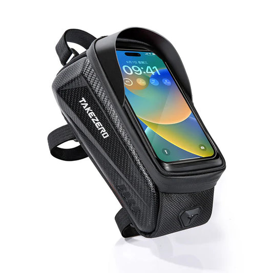 Black phone case with a smartphone displaying the time on a white background