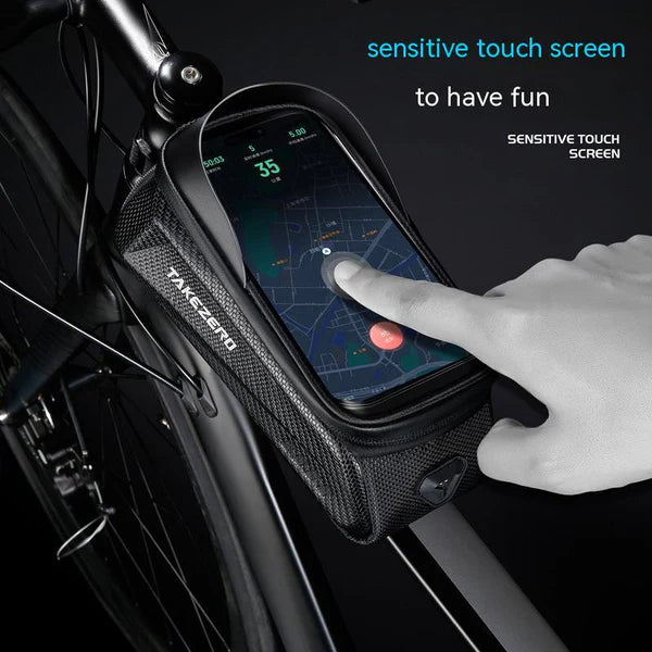 Bicycle phone mount with touchscreen interface on a bike frame, featuring the brand 'Takezero'.